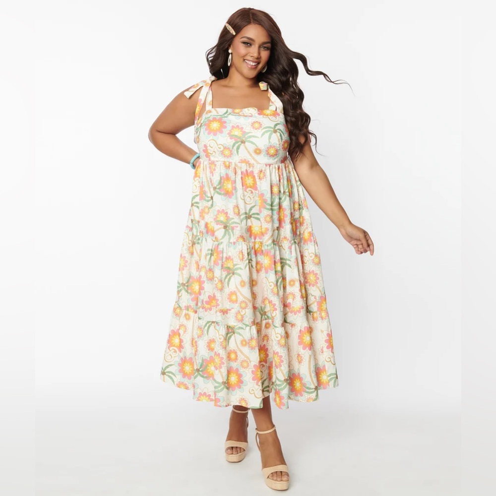 Barbie X Unique Vintage Palm Tree & Floral Tiered Midi Dress 2X/18